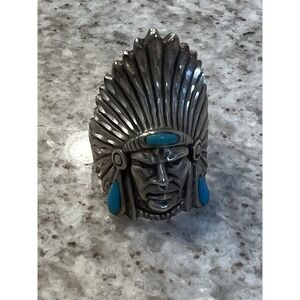 Ted Ott Sterling Silver Turquoise Native American Chief Head Ring 16g Sz 9/9.5